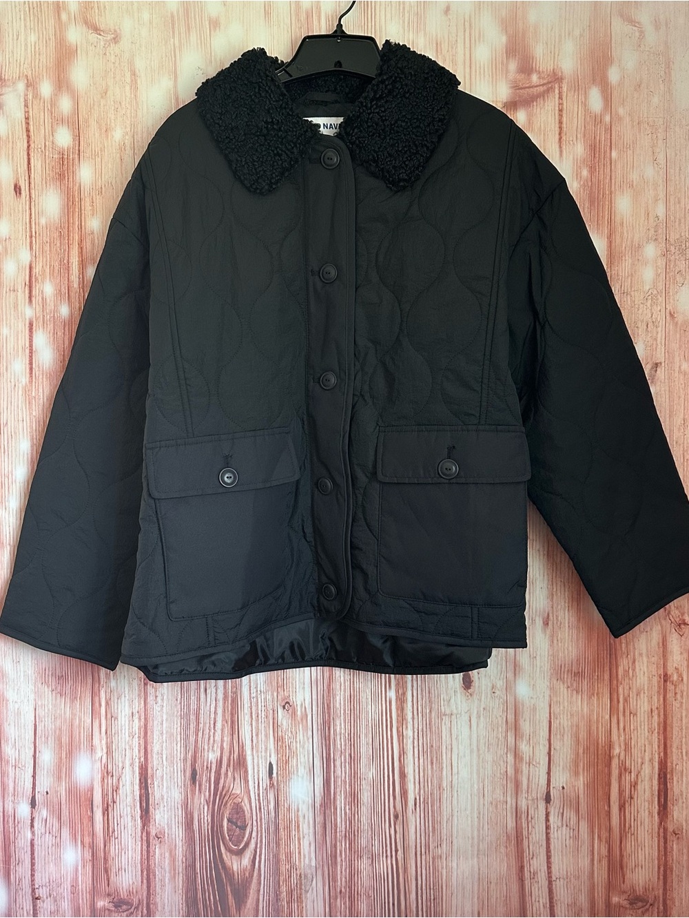 Old Navy Black Sherpa Collar Quilted Nylon Jacket Size Large - Picture 3 of 13